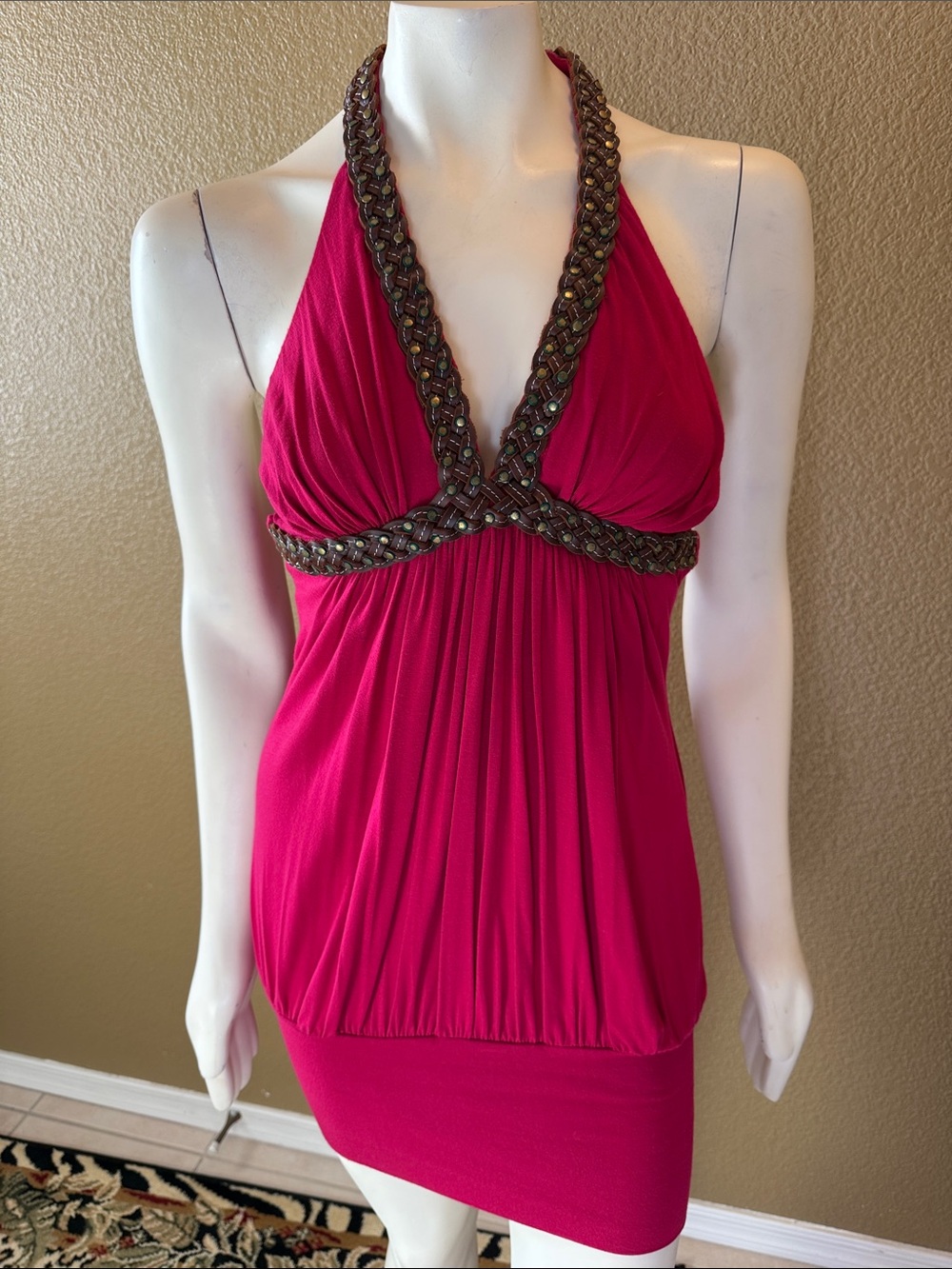 Y2K Vintage Sky Dress with Studded Leather Trim Accent